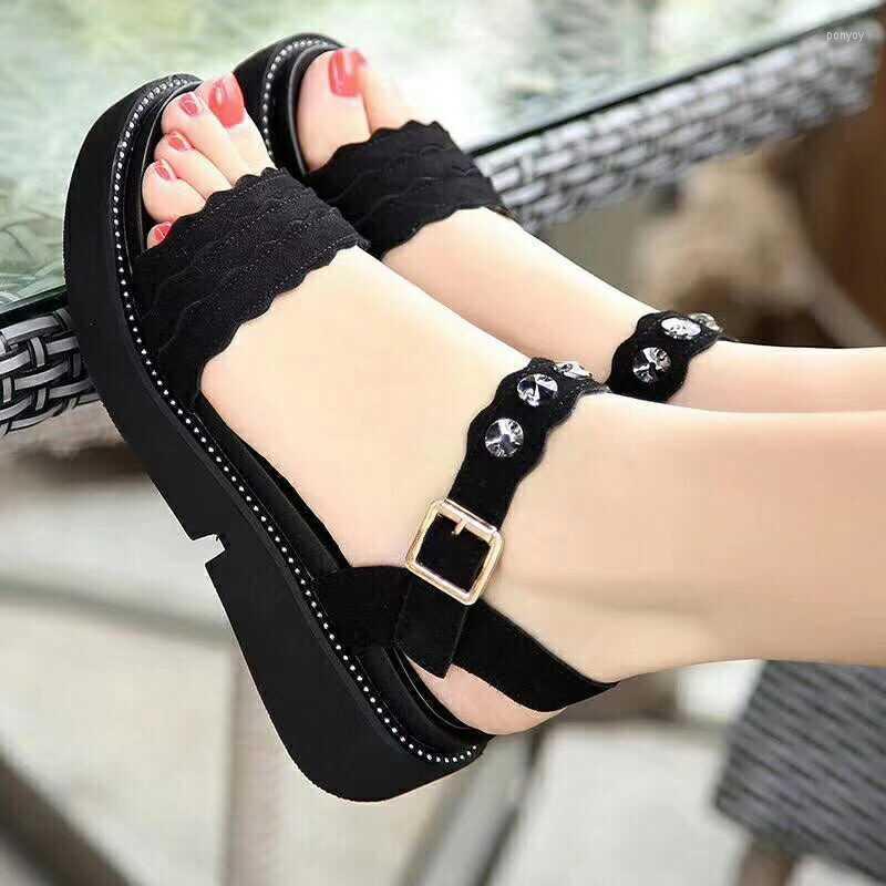 

Sandals Korean Songcake Thick Bottom Large Size Women Summer 2023 One Button Roman Wedge Heel For, Black