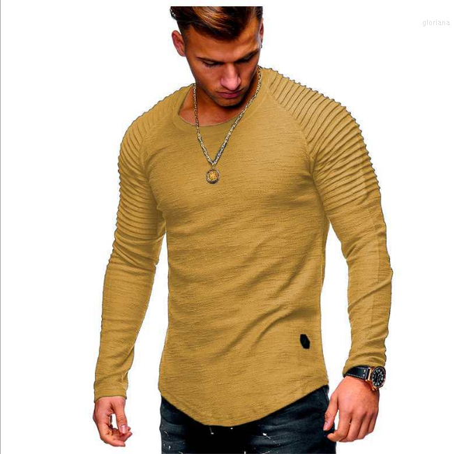 

Men's T Shirts Round Neck Slim Solid Color Long Sleeve T-Shirt Stripe Pleated Raglan, Black