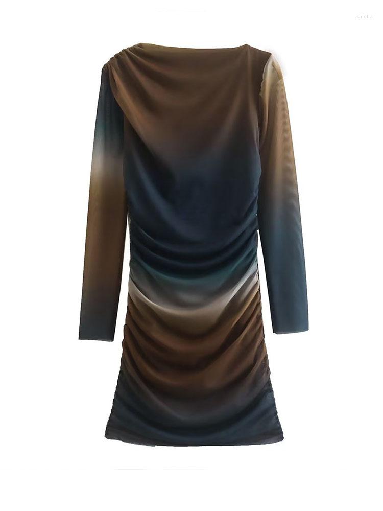 

Casual Dresses Summer Women' Dress European And American Style Long Sleeve Slim Pleated Decorative Printed Silk Screen Mini Skirt, Multi