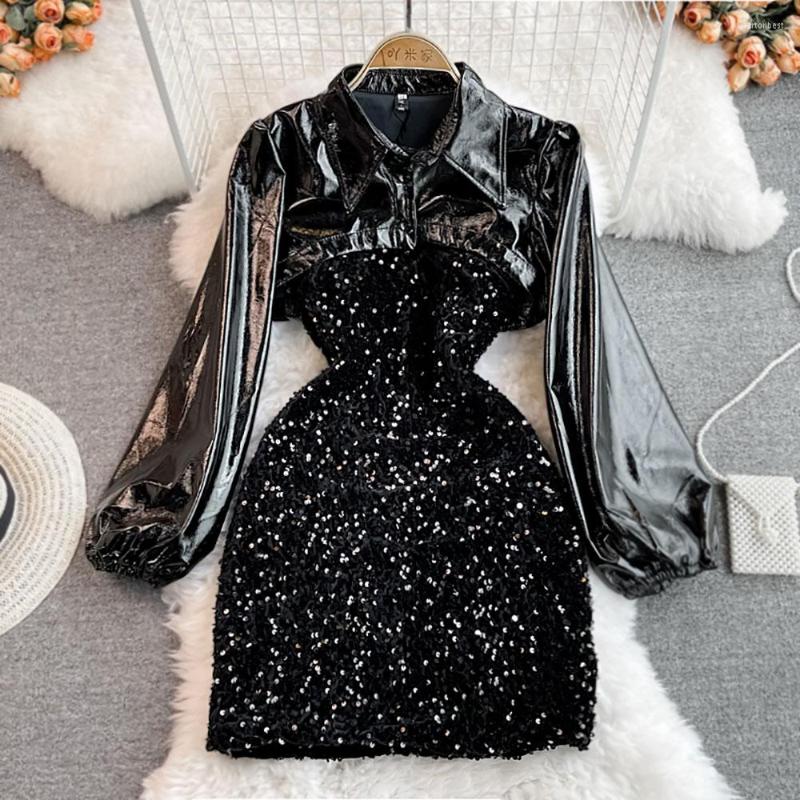 

Work Dresses 2023 Fashion Sets Women' Pu Leather Cropped Tops Sexy Spaghetti Strap Sequin Package Hip Dress Two-Piece, Black