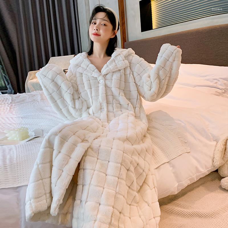 

Women's Sleepwear Winter Hooded Coral Fleece Robe Women Faux Mink Velvet Nightgown Nightwear Loose Warm Flannel Home Dress Loungewear, White robe