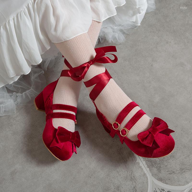 

Dress Shoes 2023 Spring Autumn Women Pumps Lolita Platform High Heels Red Lace Mary Jane Bow Block Heel Ladies Party