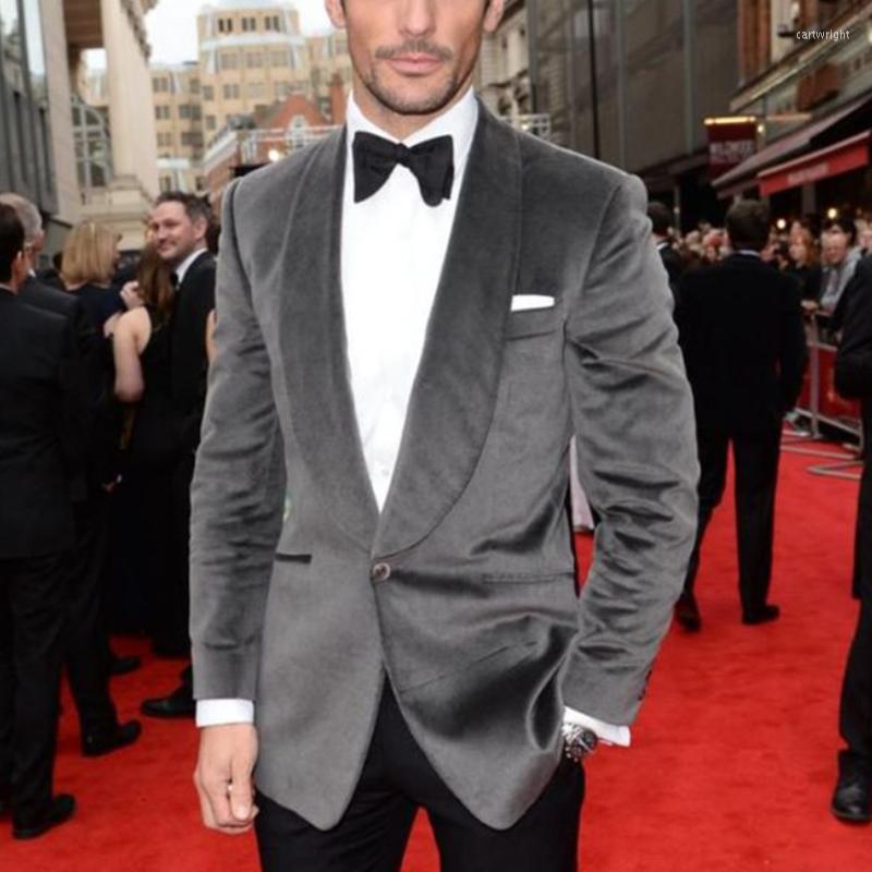 

Men's Suits Grey Velvet For Men Prom 2 Piece Blazer With Black Pants Custom Groom Wedding Tuxedo Slim Fit Italian Fashion Suit, Gray