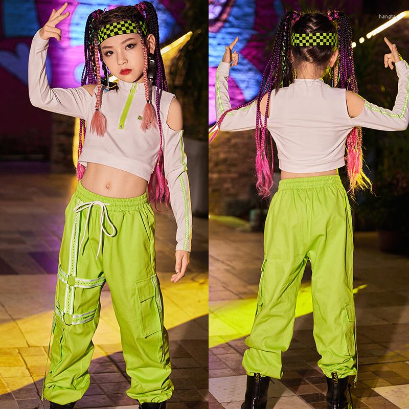 

Stage Wear Children Hip Hop Dance Clothing For Girls White Crop Tops Loose Green Pants Street Outfits Jazz Festival Costumes DN10615, 2pcs
