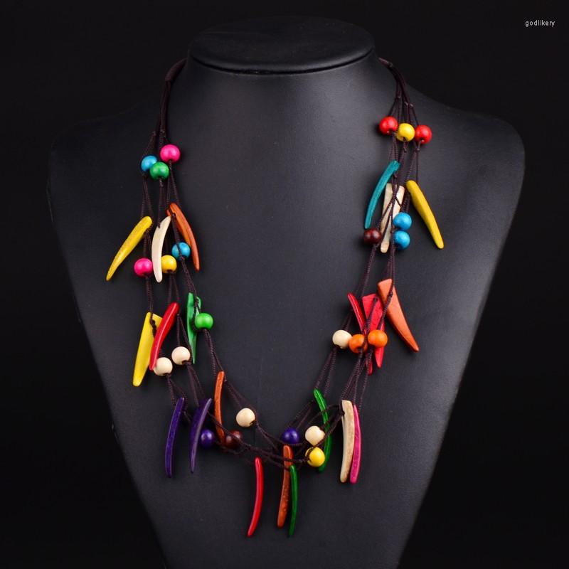 

Chains Wholesale Lots Bohemian Ethnic Wood Coconut Charms Chili Necklace Women Colorful Geometric 3 Multilayer Knitted Necklaces