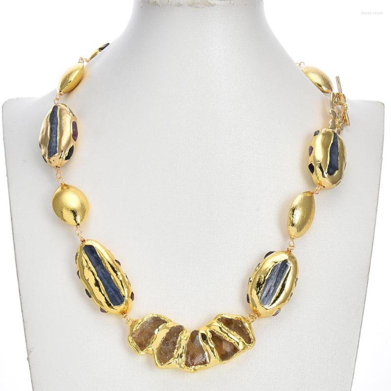 

Choker GuaiGuai Jewelry Blue Kyanites Multi Color Tourmalines Big Rough Gold Plated Raw Yellow Citrine Pendant Long Station Necklace