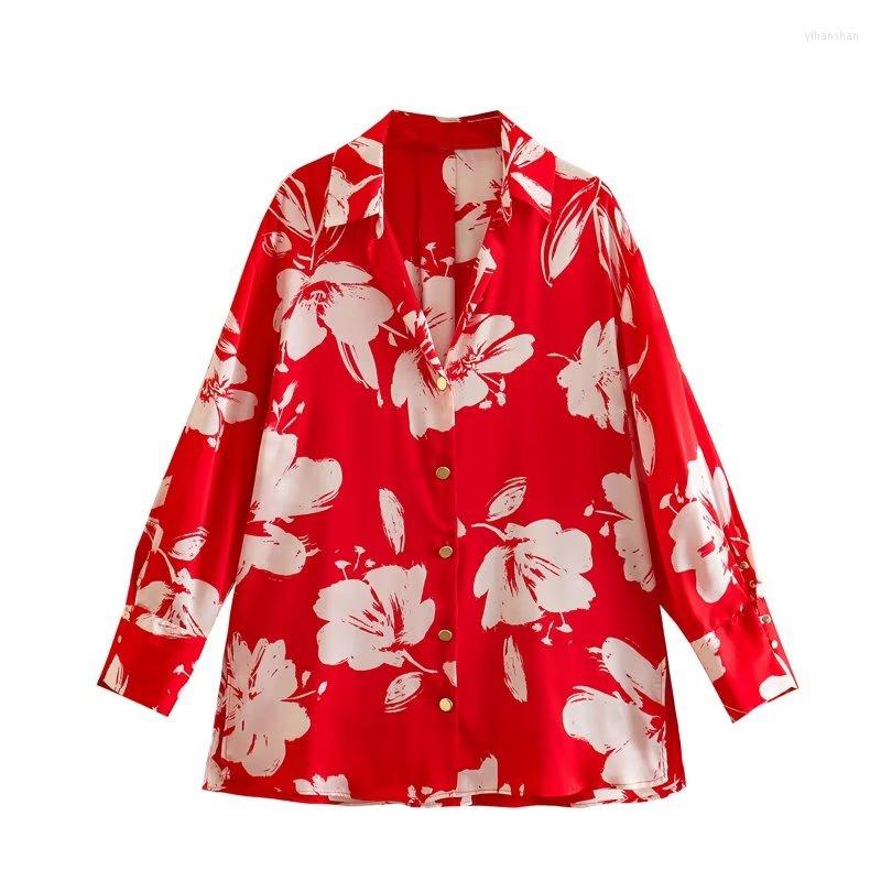 

Women's Blouses Women Loose Floral Print Shirts Spring Turn Down Collar Street Wear Casual Blouse Lady Vacation Tops, Red