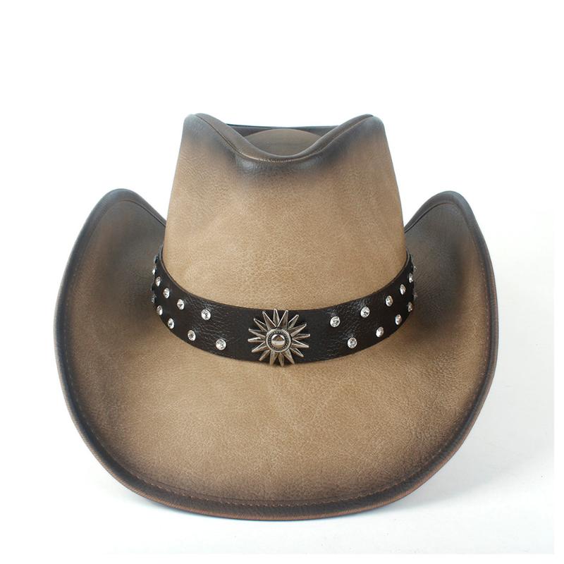 

Berets Fashion Women Men Western Cowboy Hat With Punk Leather Ribbon Lady Dad Sombrero CapBerets, Dark khaki