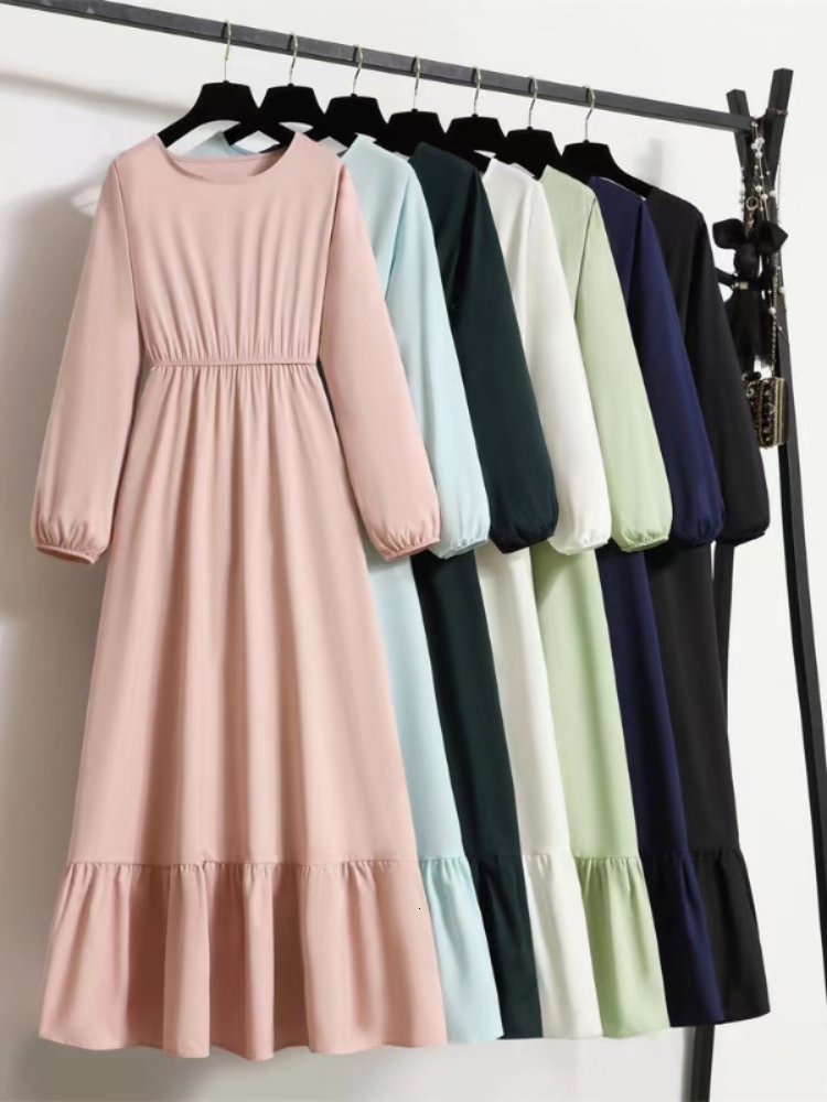 

Casual Dresses Spring autumn Mujer Vestidos Solid Full Sleeve O-neck Casual Chiffon Dress Women Muslim Long Dress Bohemian Maxi Dresses 230313, Pink