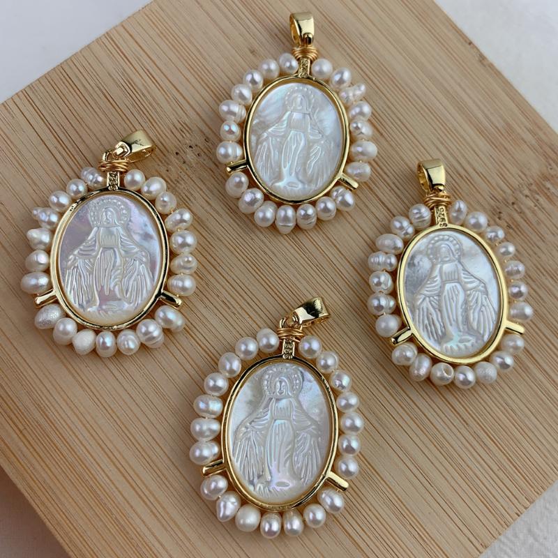 

Pendant Necklaces Oval Medal Virgin Mary Pendants Charms For Jewelry Making Religiou Necklace Metal Freshwater Pearl MOP Shell