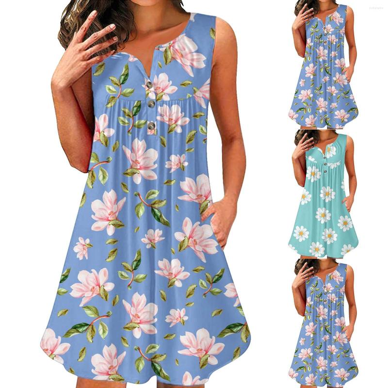 

Casual Dresses Summer For Older Women Womens Fashion Sleeveless Round Neck Button Short Print Maxi Dress Sleeve, Blue