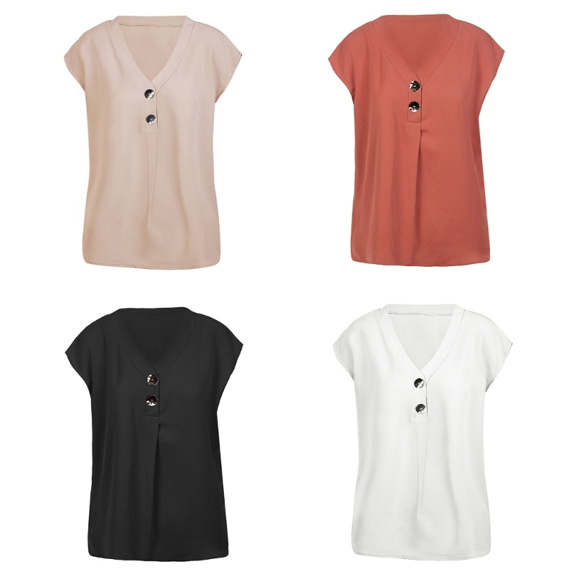 

Womens Short Sleeve Pleated Chiffon Blouses V-Neck Metal Button Front Solid Color Casual Loose Fit Tunic Tops T-Shirts, White