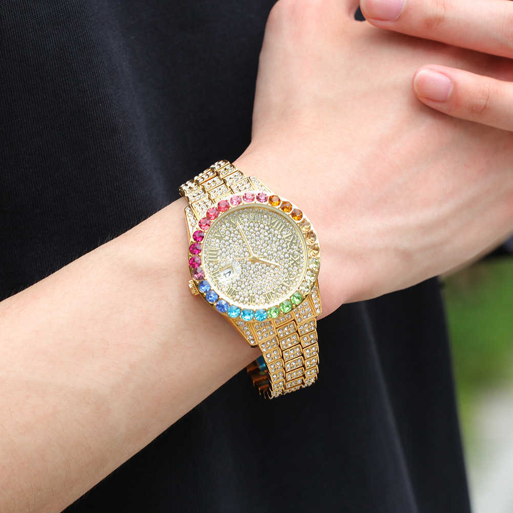 

Watch New casual simple watch hip hop diamond rainbow gradient calendar quartz watch, (rainbow) gold