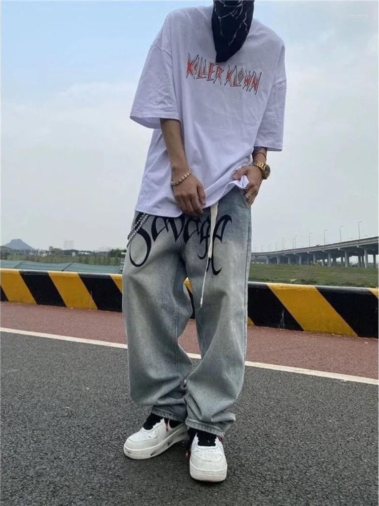 

Men' Jeans Foufurieux American Men Street Style Hip-hop Letter Printed Loose Trousers Male Washed Mid-waist Straight Wide-leg Pants, Blue