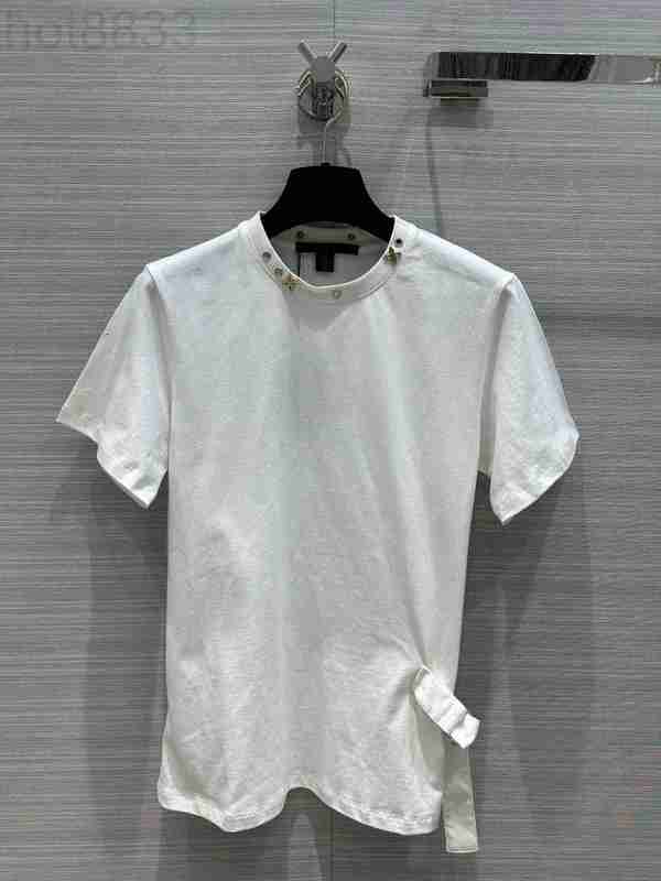 

Women' T-shirt Designer 2023 New Fashion Women Metal Hole O-neck Short Sleeve Casual Clothes Summer 100% Tops Tee Shirt JLNQ, White