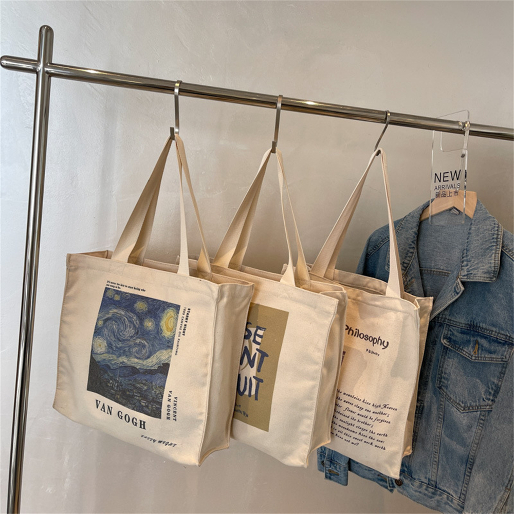 

Shopping Bags Retro Literary Art Canvas Blue Letter Handbag Van Gogh Large Capacity Women's Eco-Friendly Foldable Tote 230313