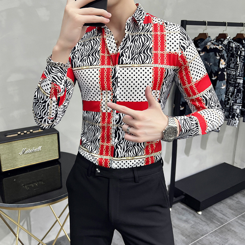 

Men's Casual Shirts LIFENWENNA Autumn Fashion Chain Dot Printed Shirt Men Luxury Long Sleeve Mens Party NightClub Slim Fit Blouse 230313, 2810 blue