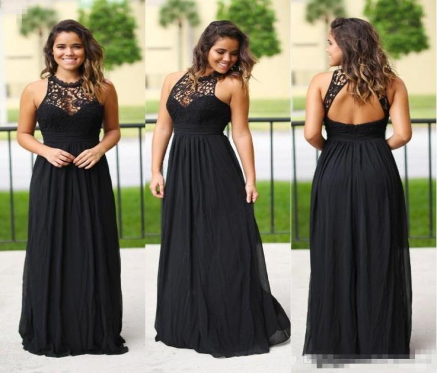 

Country Style Cheap Bridesmaid Dresses Black Chiffon Lace Maid of Honor Gowns A Line Halter Neck Backless Long Gothic Forest Bride3691742