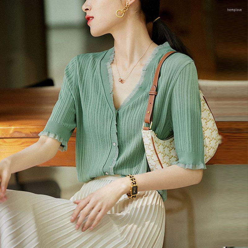 

Women's Blouses Elegant V-Neck Button Knitted Spliced Gauze Ruffles Shirt Women's Clothing 2023 Spring Casual Tops All-match Commute, White