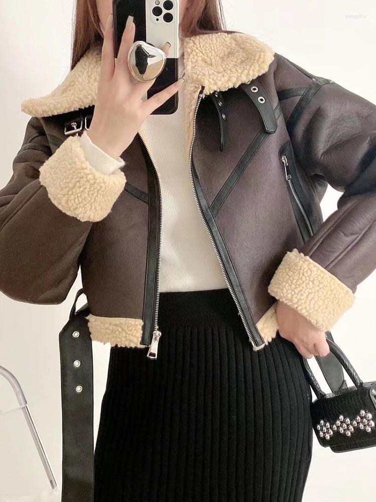 

Women's Leather Winter Women Lapel Faux Lamb Fur Short Jacket With Belt Streetwear Moto Biker Thick Warm Sheepskin Coat Outwear, Auburn