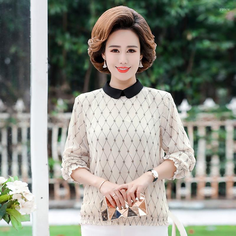 

Women's Blouses Spring Autumn Mother Long Sleeve Tops Fashion Women Clothing Casual 3XL 4XL Pullover Plaid T-Shirts, Beige
