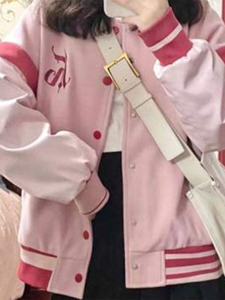 

Women' Jackets Autumn Ladies Splicing Baseball Uniforms Casual Loose Single-breasted Bomber Oversized Chic High Street Female Cardigan, Lotus
