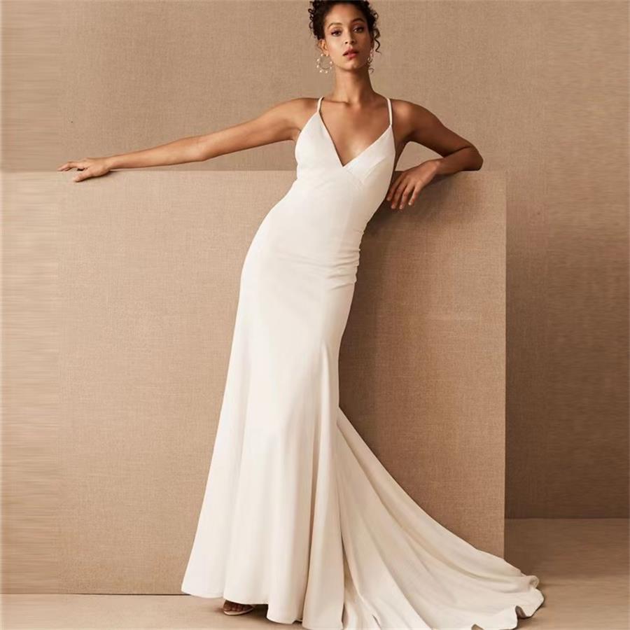 

French light wedding dress new bride temperament light luxury simple open back suspender mermaid dress skirt GT003, Ivory
