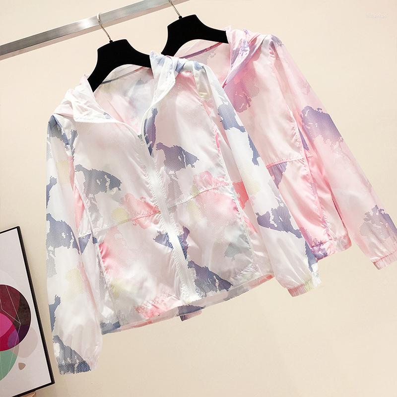 

Women's Jackets 2023 Summer Jacket Women Sun Protection Clothing Fashion Printed Student Zipper Thin Hooded Windbreaker Coat Tops, White