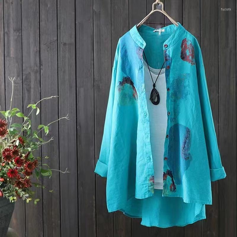 

Women' Blouses Autumn Cotton Linen Women' Stand Collar Loose Long Sleeve Tie Dyed Shirt, Orange