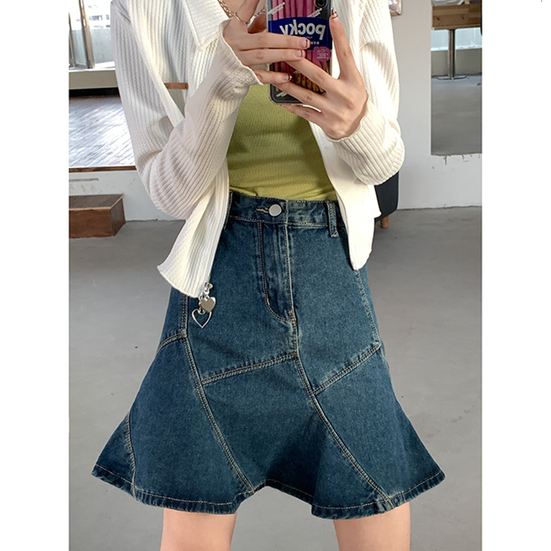 

Skirts Summer Vintage Blue Women Denim Trumpet Skirt Streetwear Style Casual Classic High Waist Ladies Shor Mermaid Jean Skirt 230313