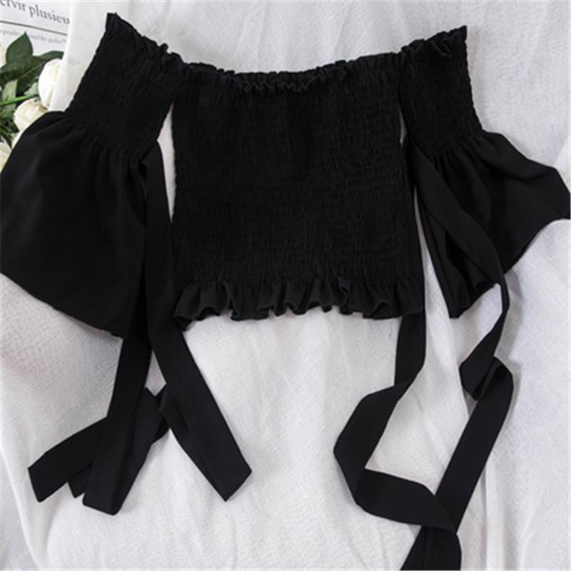 

Women's Blouses Women Blouse 2023 Summer Bow Elastic Pleated Flare Sleeved Lady Elegant Off Shoulder Tops Female All Match Clothing PZ122, Black