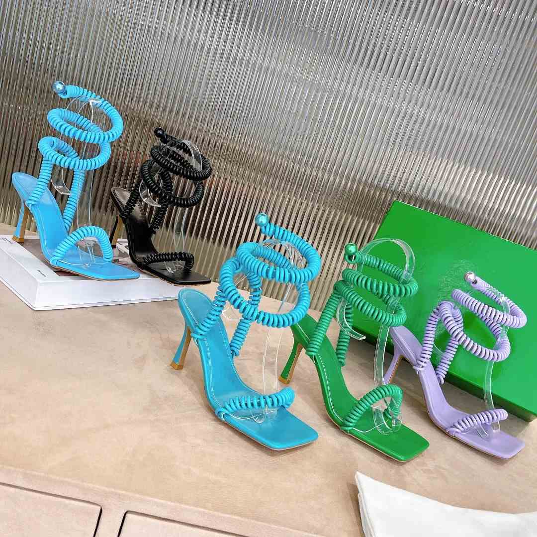 

2023 Spring summer latest women famous brand sandals rope wrap around leg unique designer slider custom luxury fashion sexy rope wrap leg shoes high heels