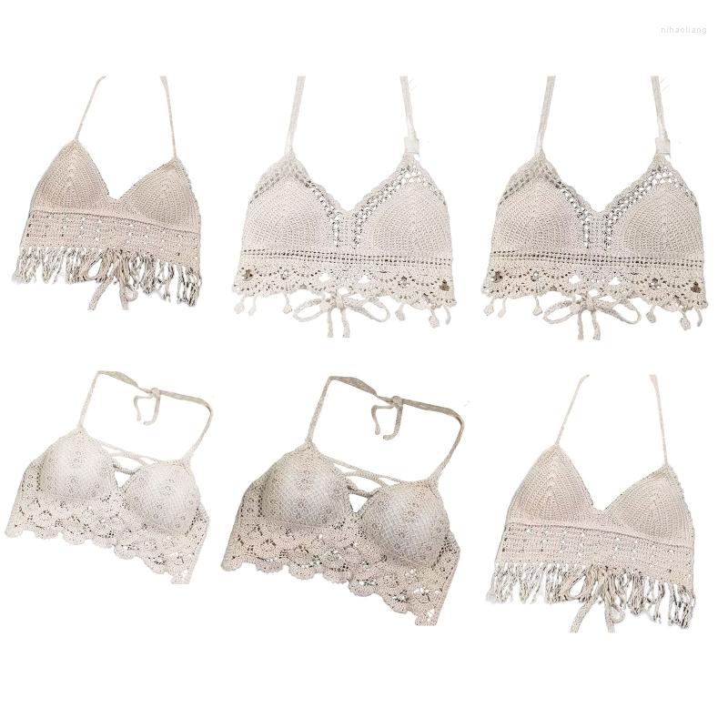 

Women's Tanks Women Summer Crochet Halter Bra Crop Top Sexy Backless Hollow Knitted Tassel Hem Padded Camisole Boho Bikini Bustier Beachwear, 03 apricot