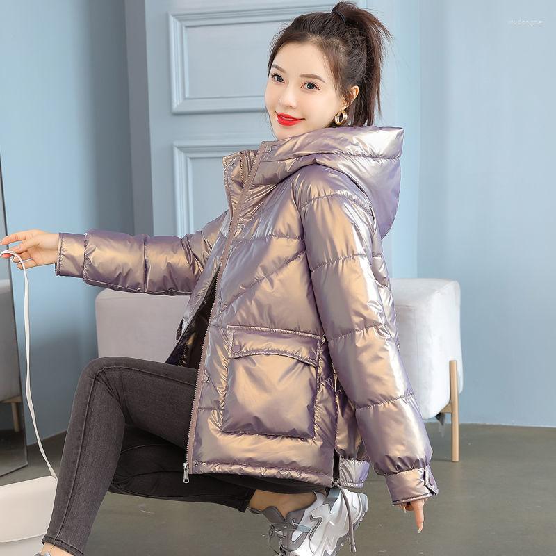 

Women's Trench Coats Winter Jacket Parkas Women 2023 Glossy Down Cotton Hooded Parka Warm Padded Casual Outwear Female Tops, Creamy-white