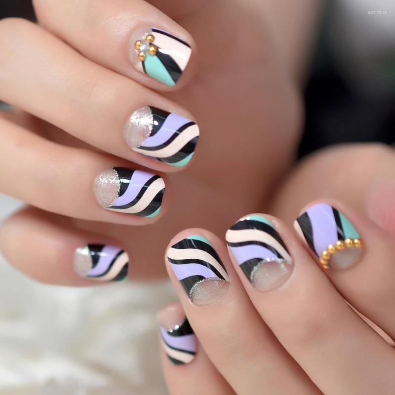 

False Nails 3D French Fake Tip Gold Beads Shimmer Glitter Colorful Purple Black Clear Round Head Nail Tips Small Size 22pcs, Z844