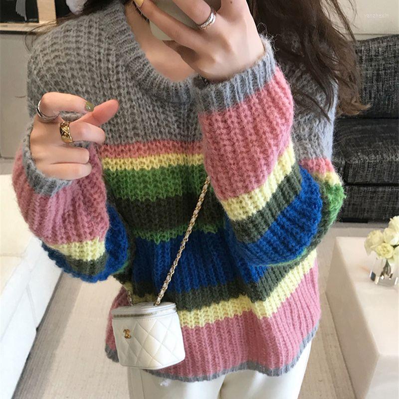 

Women's Sweaters Rainbow Striped Knitted Sweater Women Vintage Colorful Jumpers Knitwear Sweet Loose Pullovers Long Sleeve Elegant Autumn, Photo color