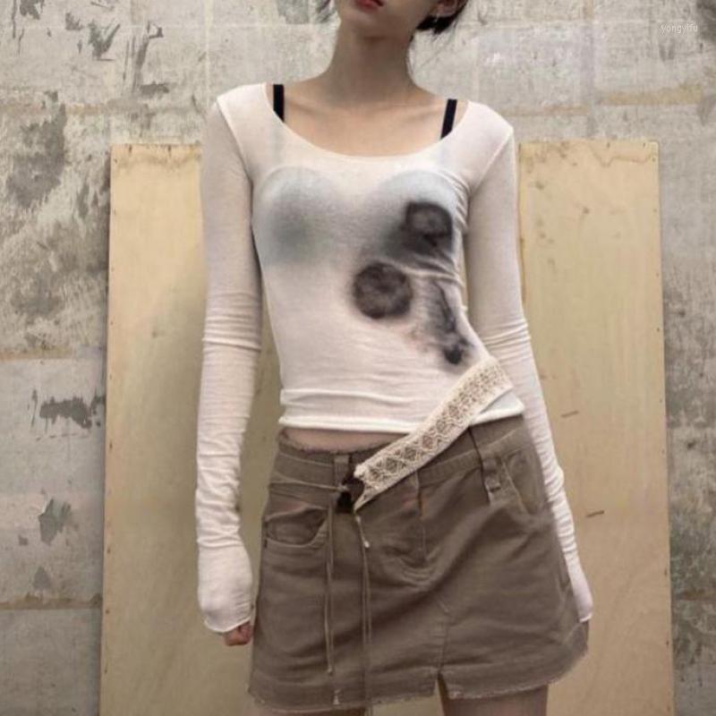 

Women's T Shirts ZCWXM Mesh Top Women Tie Dye Printed See Through Y2K Shirt Sexy Slim Korean Translucent Sheer Tops Grunge Japanese Tshirts, Like picture
