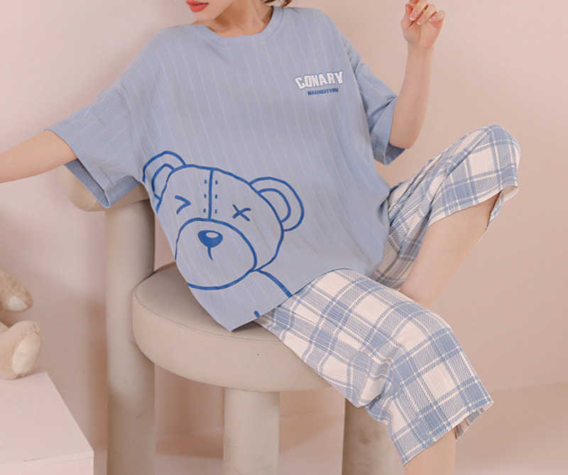 

Summer pajamas 's short sleeved Pants clothes suit student cartoon loose leisure home cool and breathable, Brown