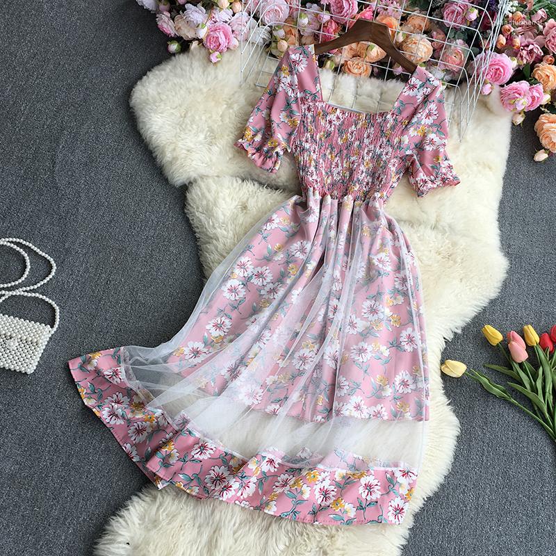 

Casual Dresses ZCWXM Summer Women Floral Dress Elegant Short Puff Sleeve Gauze Party Night Slim Square Collar Mid-calf Vestido Sexy Beach, 12