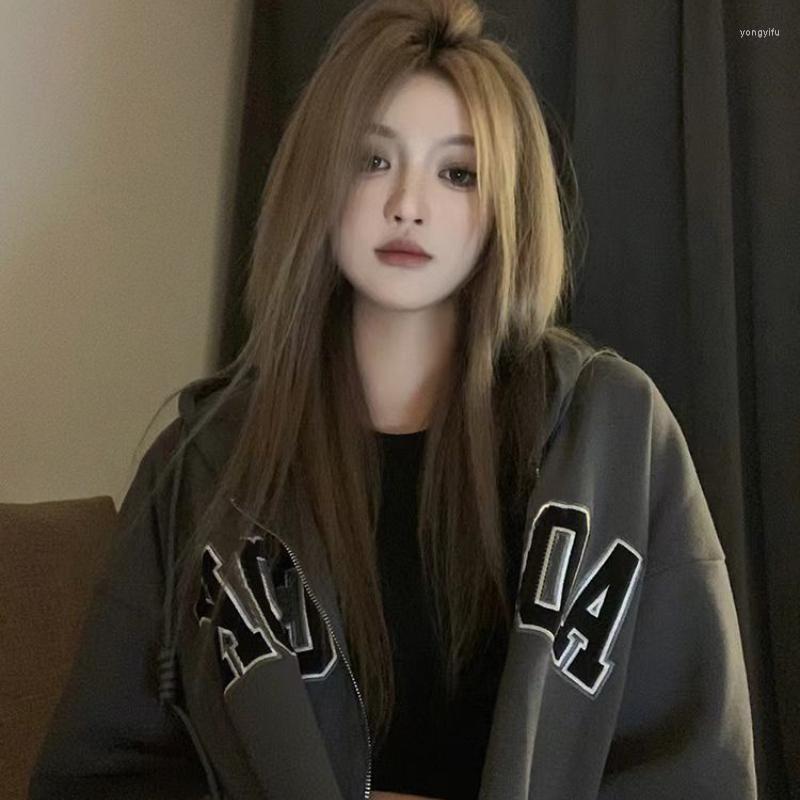 

Women' Jackets Deeptown Vintage 2000s Aesthetic Zipper Hooded Oversized Streetwear Fashion Hip Hop Jacket Women Korean Harajuku Style, Grey