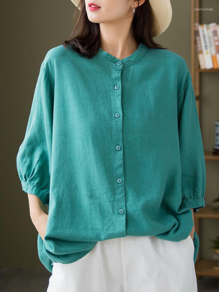 

Women's Blouses Aransue 80%Cotton 20%Linen Women's Shirt 2023 Spring Casual Single Breasted Top Long Sleeved Blouse Camisa Longues, Blue
