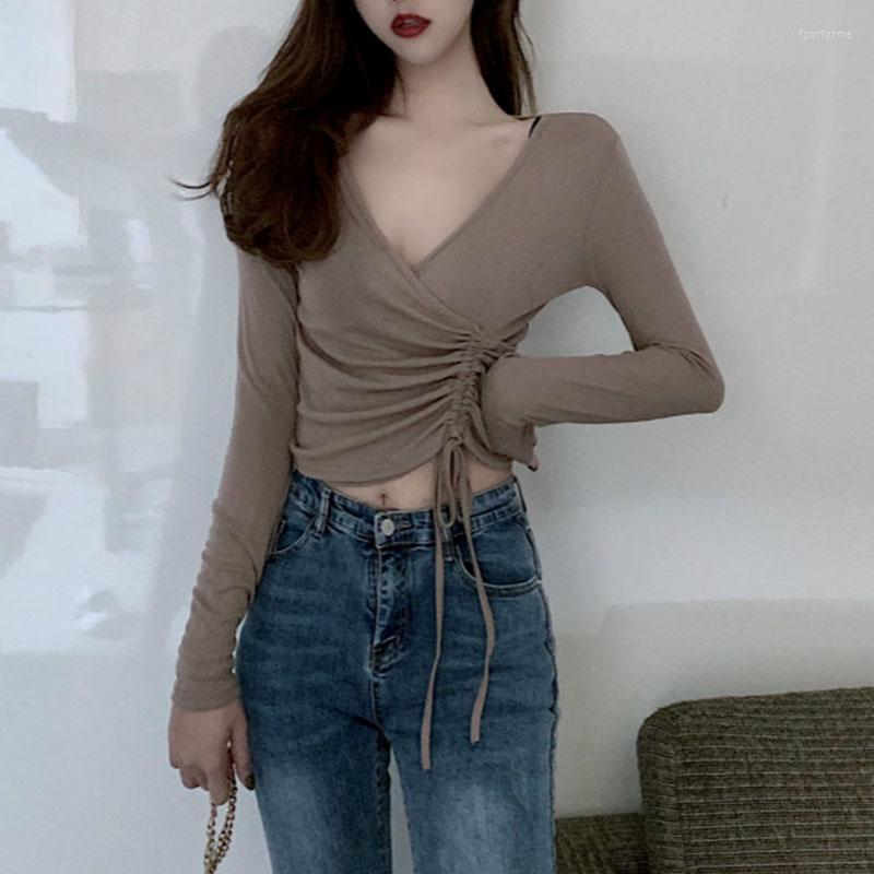 

Women's T Shirts Pearl Diary Chic Slim Slimming Short Bottoming Shirt Women Top Spring Korean Version Of V-neck Drawstring Long-sleeve, Black