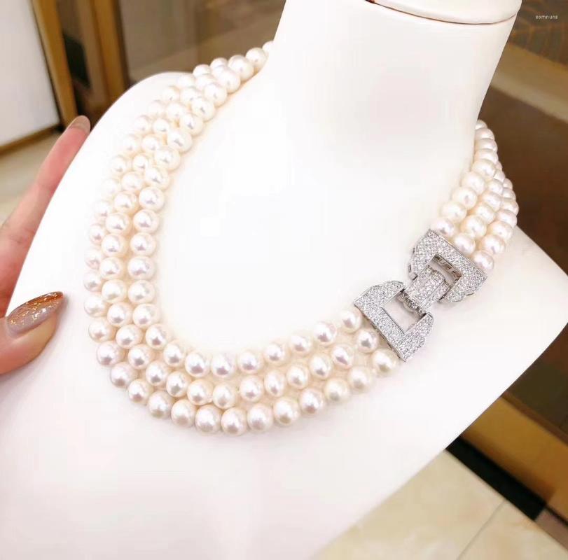 

Chains Hand Knotted Necklace 3row 8-9mm White Freshwater Pearl Micro Inlaid Zircon Clasp 18-20inch For Women Fashion Jewelry