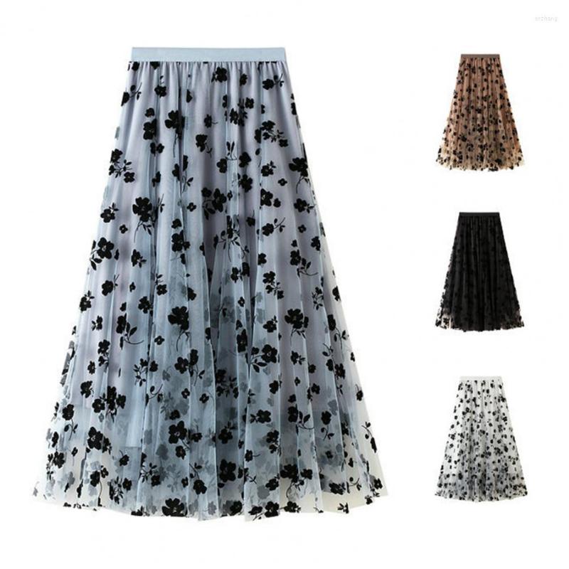 

Skirts Flower Mesh Pleated Mid-Calf Skirt Slim Fit A-Line Net Yarn Office Lady Mid Waist Three Layers Female, Black