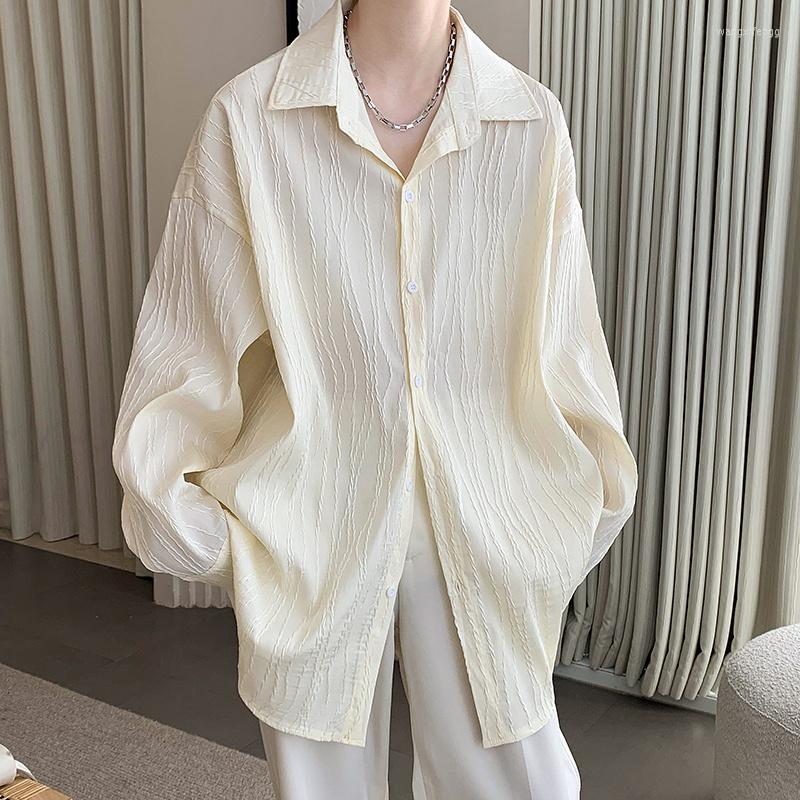

Men's Casual Shirts Black Beige Pleated Shirt Men Fashion Social Mens Dress Korean Loose Long-sleeved Oversized M-2XL