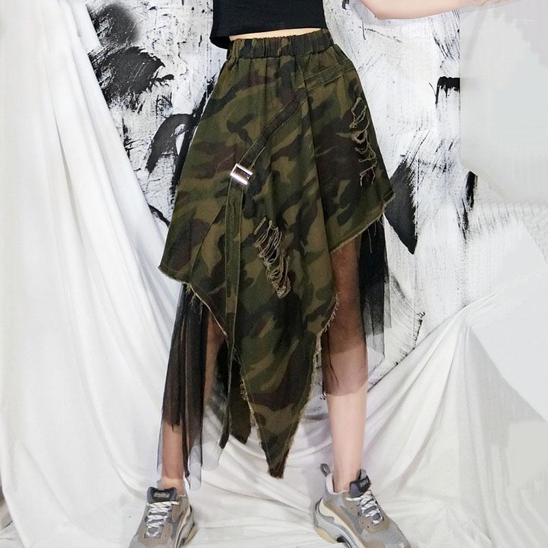 

Skirts 2023 Patchwork Mesh Irregular Women Elastic High Waist Denim Skirt Spring Summer Streetwear Camouflage Midi Femme