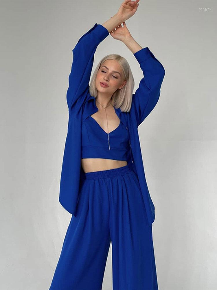 

Women's Two Piece Pants Autumn Tank Shirt Set Woman 3 Pieces Casual Loose Lapel Straps Crop Vest Outfit Lady Fashion Straight Trousers Suit, A black bra