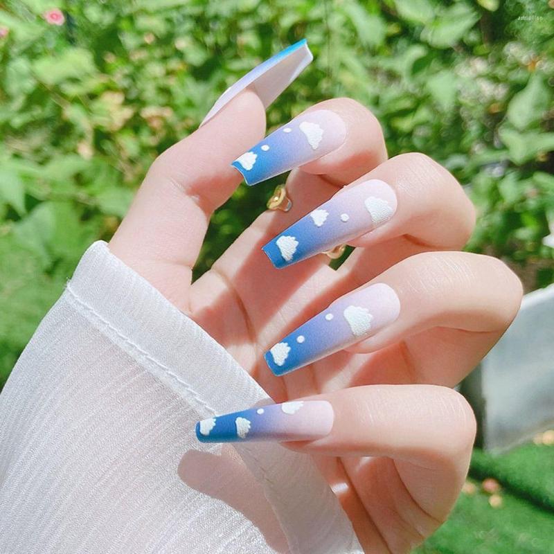 

False Nails 24Pcs Flowers White Clouds T Shape French Fake Nail Tips Full Cover Gel Press On Detachable Finished Fingernail, 3-1