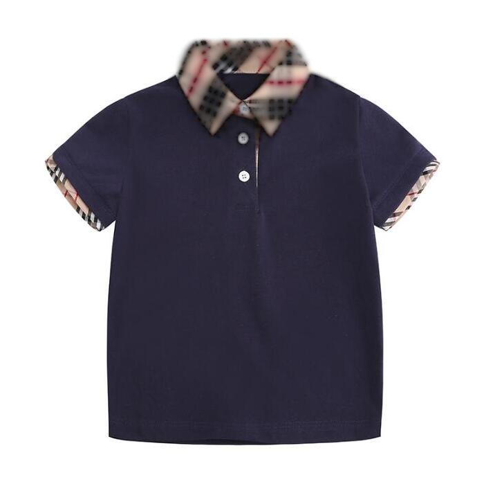

Lovely Baby Boys Girls Plaid T-shirts Summer Kids Short Sleeve T-shirt Children Turn-Down Collar Tops Tees Child Shirt, Dark blue