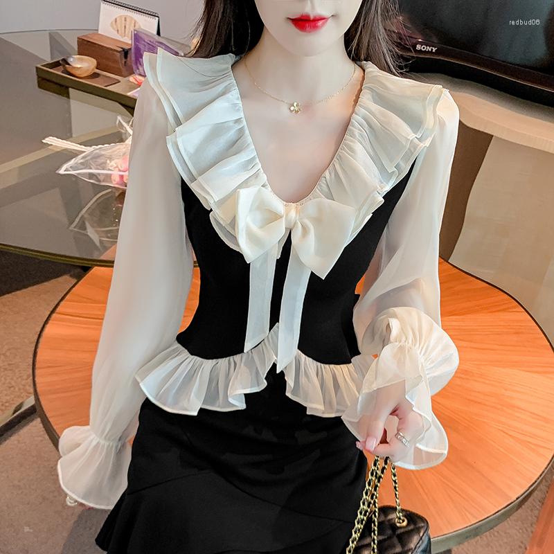 

Women' Blouses Blusas Mujer Flare Sleeve Top Ruffle V Neck Chiffon Shirt Women Bow Slim Spring Blouse Chic Office Lady Transparent Shirts, Beige